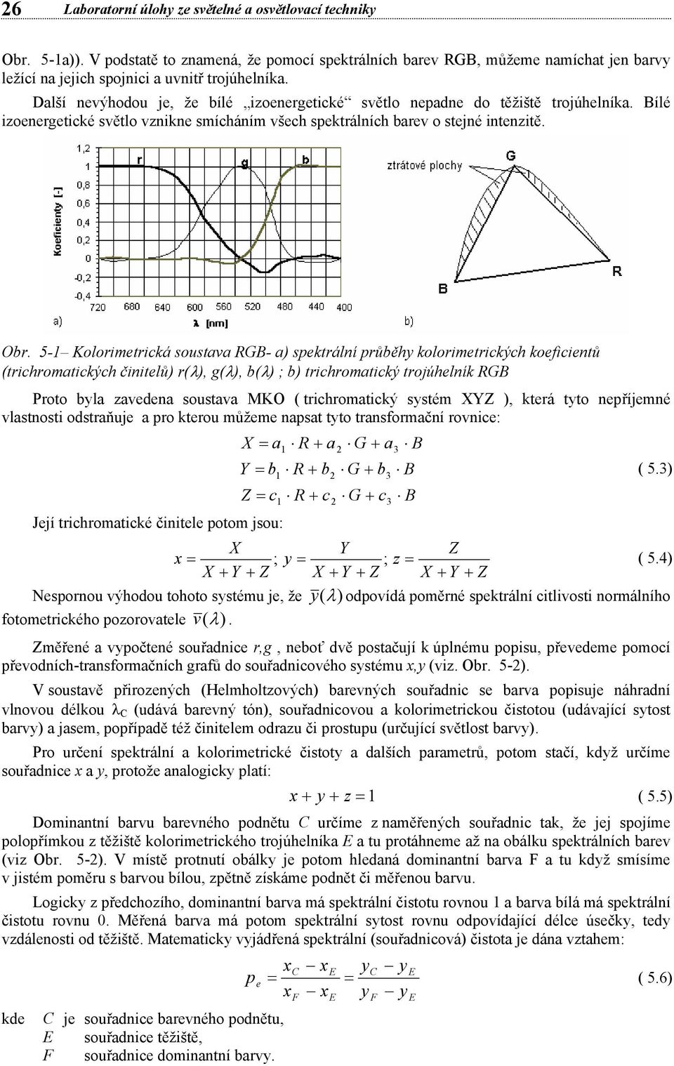 5-1 Kolorimetrická soustava RGB- a) spektrální průběhy kolorimetrických koeficientů (trichromatických činitelů) r(λ), g(λ), b(λ) ; b) trichromatický trojúhelník RGB Proto byla zavedena soustava MKO (