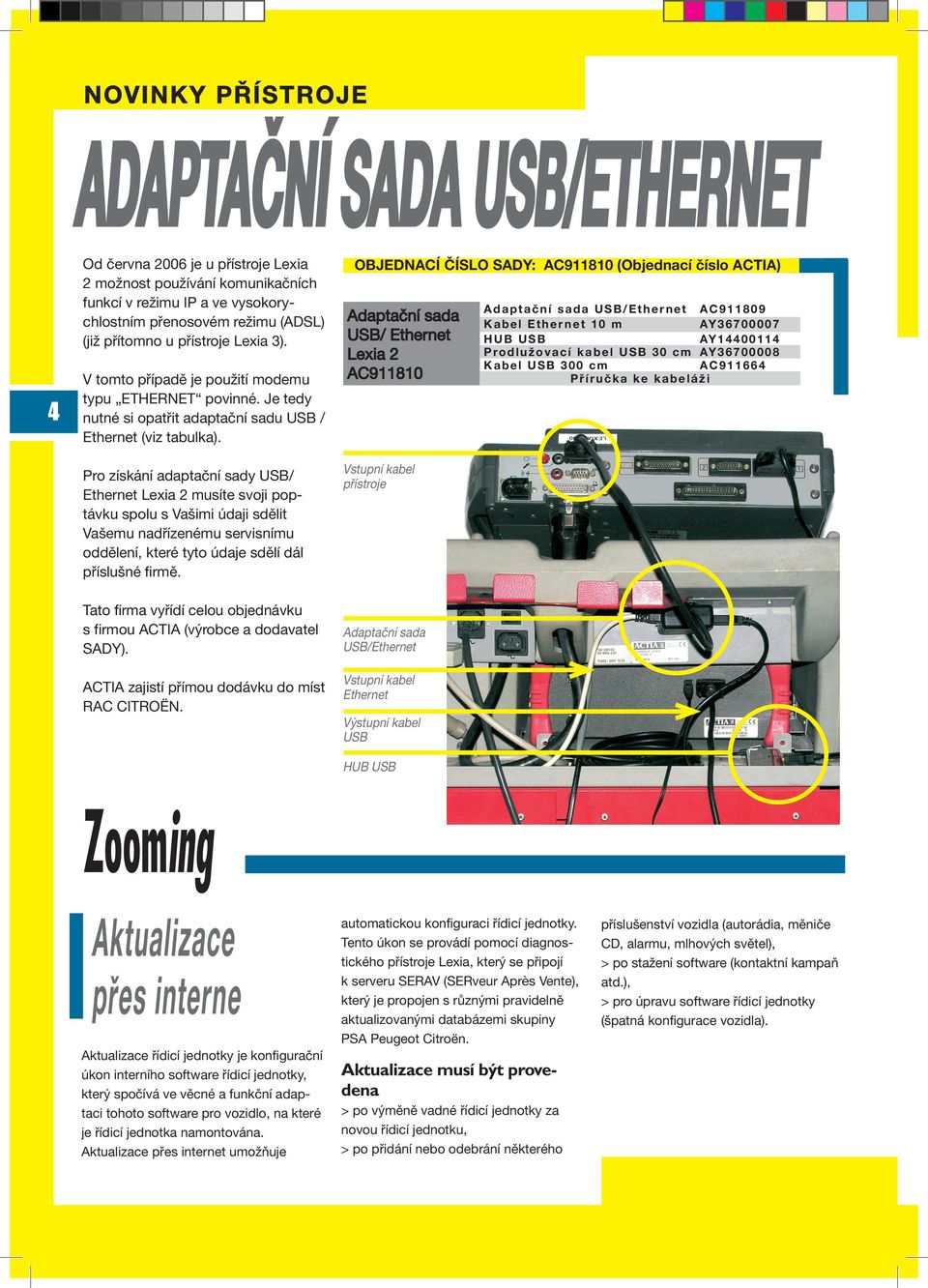 Pro získání adaptační sady USB/ Ethernet Lexia 2 musíte svoji poptávku spolu s Vašimi údaji sdělit Vašemu nadřízenému servisnímu oddělení, které tyto údaje sdělí dál příslušné firmě.