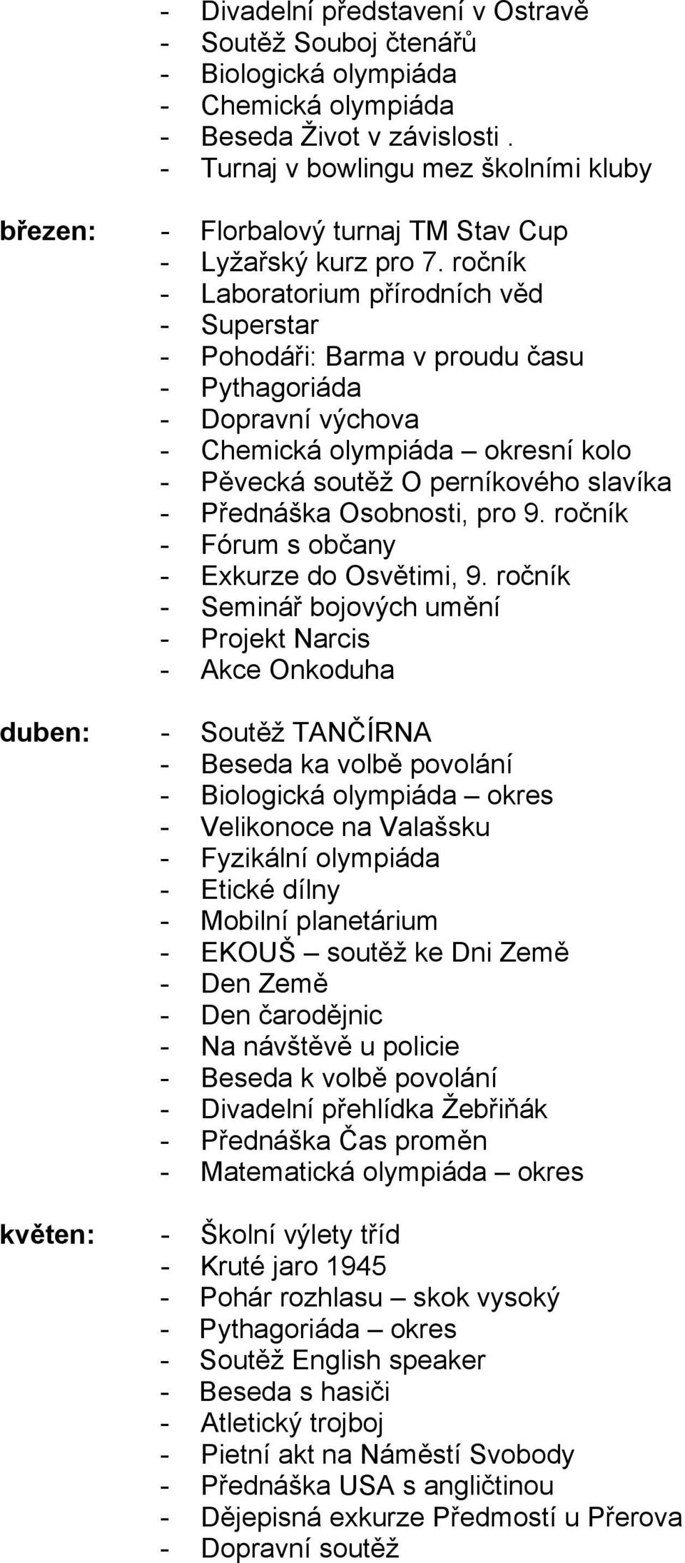 ročník - Laboratorium přírodních věd - Superstar - Pohodáři: Barma v proudu času - Pythagoriáda - Dopravní výchova - Chemická olympiáda okresní kolo - Pěvecká soutěž O perníkového slavíka - Přednáška