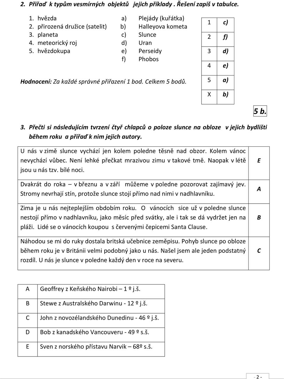 d) 4 e) 5 a) b) 5 b. 3. Přečti si následujícím tvrzení čtyř chlapců o poloze slunce na obloze v jejich bydlišti během roku a přiřaď k nim jejich autory.