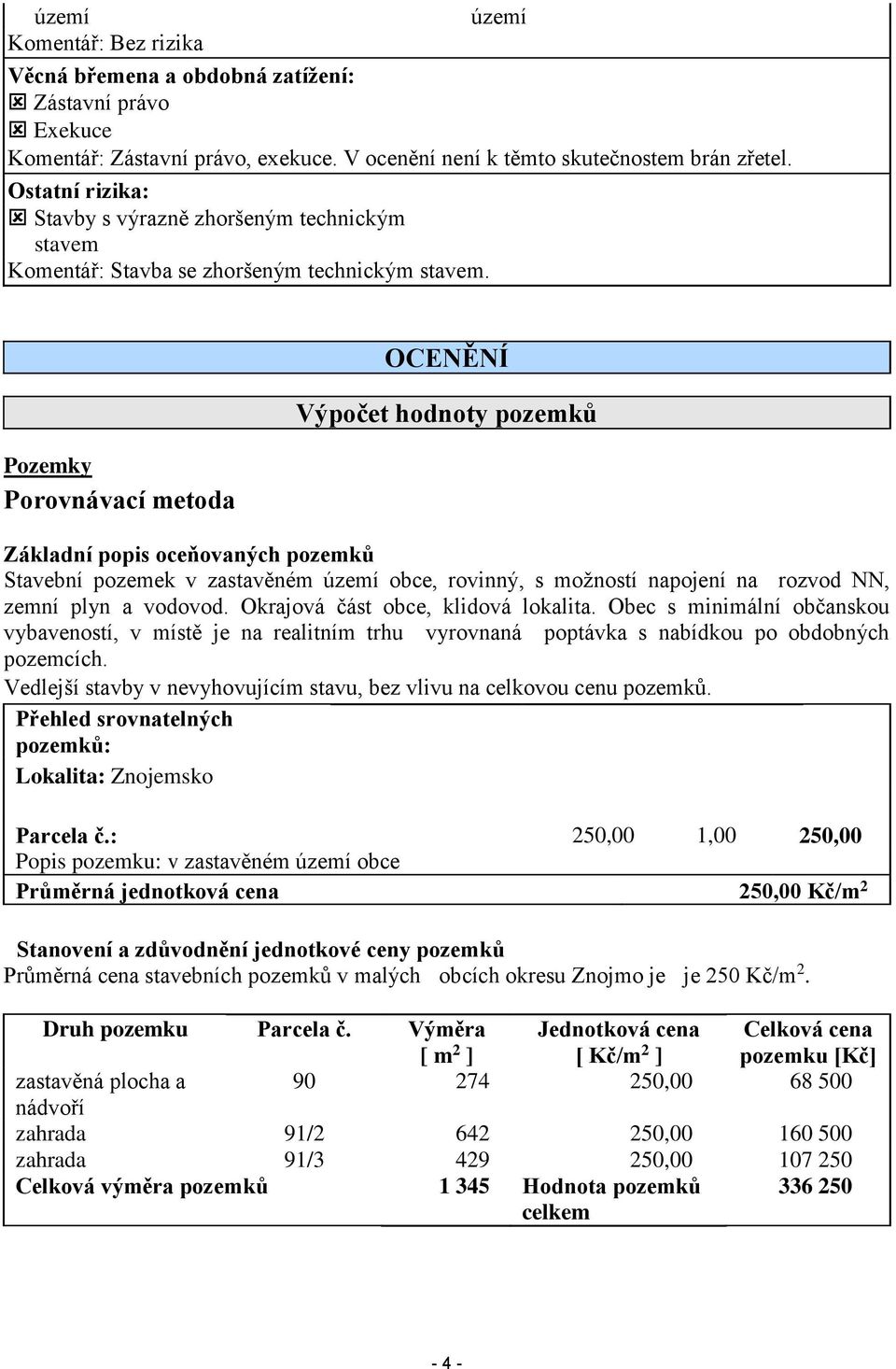 Pozemky Porovnávací metoda OCENĚNÍ Výpočet hodnoty pozemků Základní popis oceňovaných pozemků Stavební pozemek v zastavěném území obce, rovinný, s možností napojení na rozvod NN, zemní plyn a vodovod.