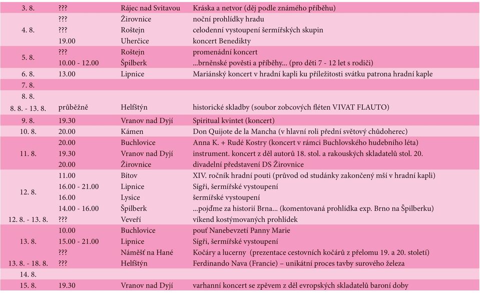 8. průběžně Helfštýn historické skladby (soubor zobcových fléten VIVAT FLAUTO) 9. 8. 19.30 Vranov nad Dyjí Spiritual kvintet (koncert) 10. 8. 20.