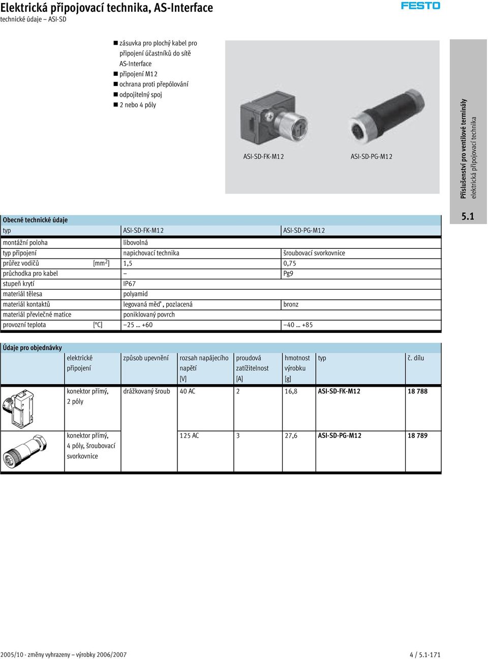 IP67 materiál tělesa polyamid materiál kontaktů legovaná měď, pozlacená bronz materiál převlečné matice poniklovaný povrch provozní teplota [ C] 25 +60 40 +85 Údaje pro objednávky elektrické