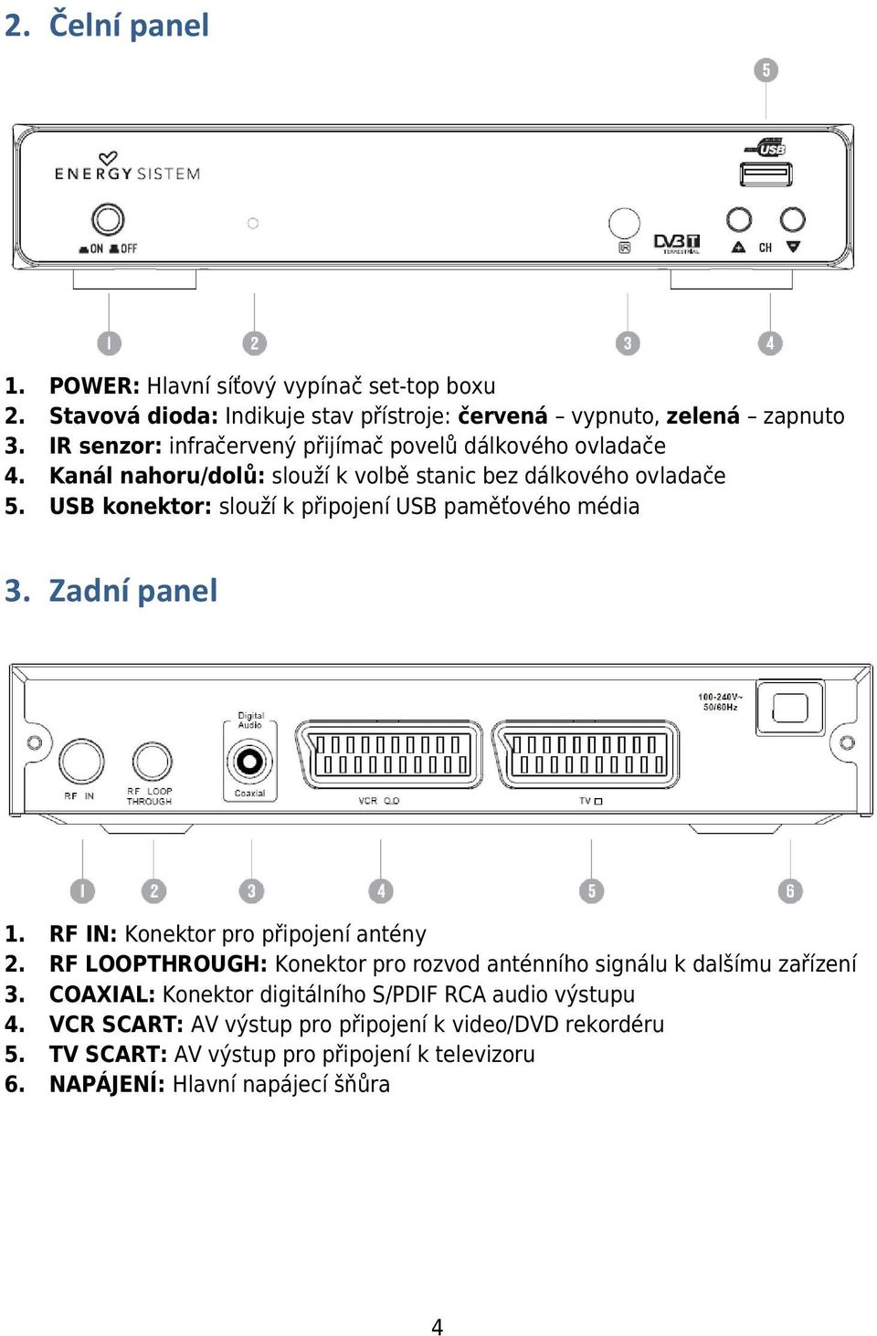 USB konektor: slouží k připojení USB paměťového média 3. Zadní panel 1. RF IN: Konektor pro připojení antény 2.