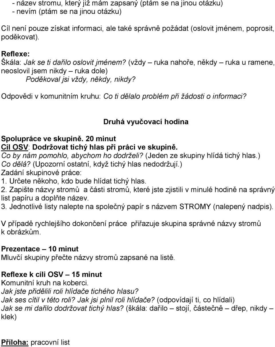 Odpovědi v komunitním kruhu: Co ti dělalo problém při žádosti o informaci? Druhá vyučovací hodina Spolupráce ve skupině. 20 minut Cíl OSV: Dodržovat tichý hlas při práci ve skupině.