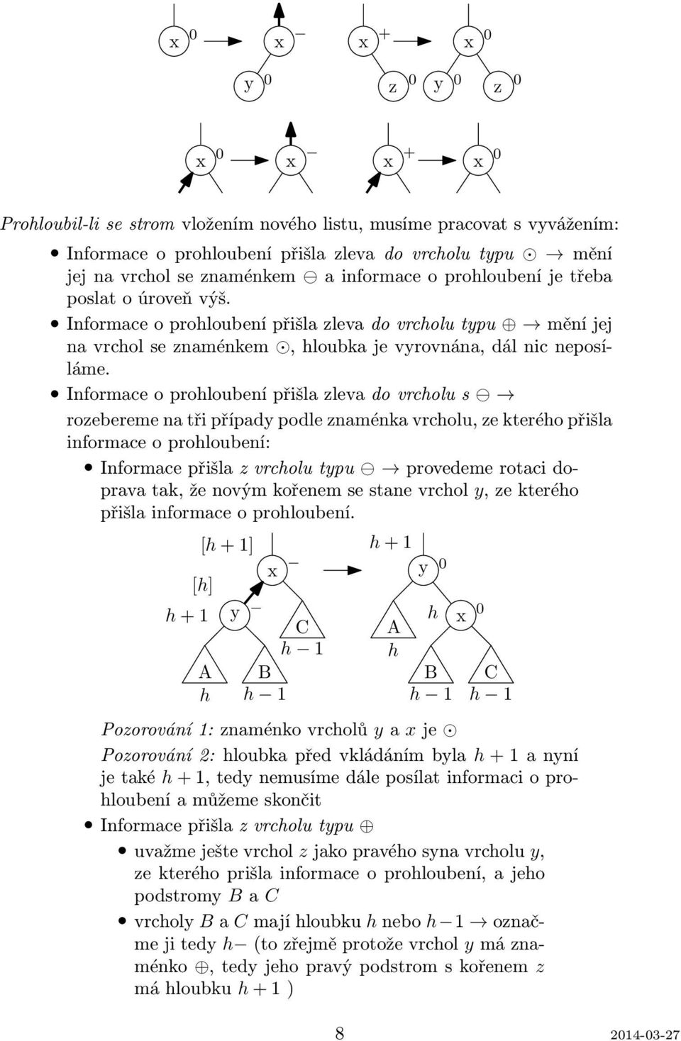 Informace o proloubení přišla zleva do vrcolu s rozebereme na tři případy podle znaménka vrcolu, ze kteréo přišla informace o proloubení: Informace přišla z vrcolu typu provedeme rotaci doprava tak,