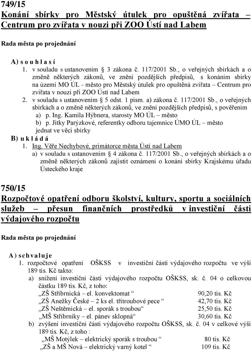 Ústí nad Labem 2. v souladu s ustanovením 5 odst. 1 písm. a) zákona č. 117/2001 Sb., o veřejných sbírkách a o změně některých zákonů, ve znění pozdějších předpisů, s pověřením a) p. Ing.