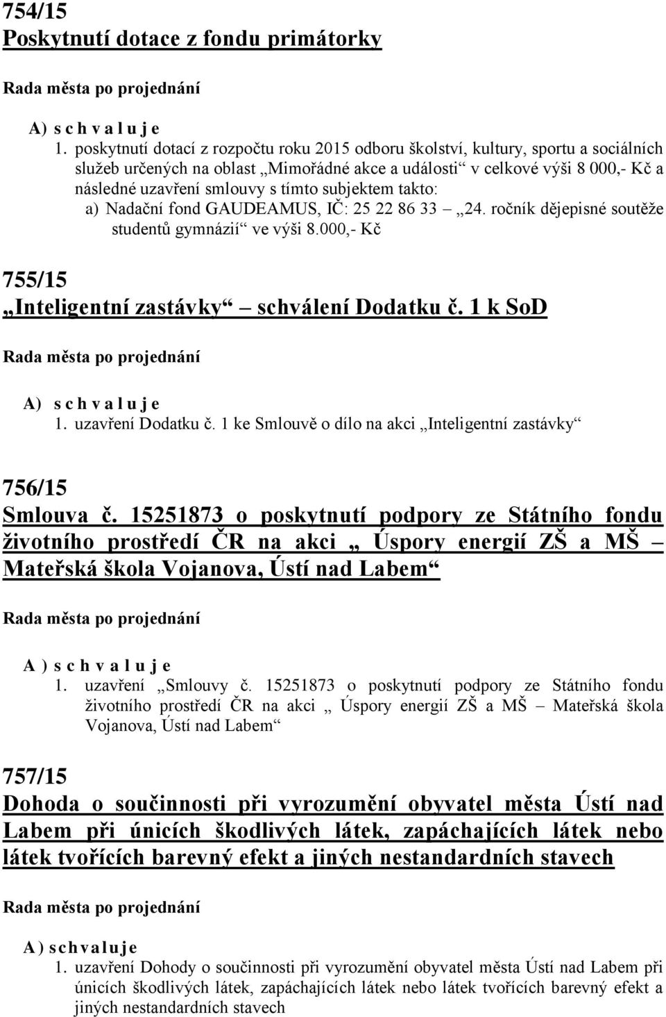 subjektem takto: a) Nadační fond GAUDEAMUS, IČ: 25 22 86 33 24. ročník dějepisné soutěže studentů gymnázií ve výši 8.000,- Kč 755/15 Inteligentní zastávky schválení Dodatku č.