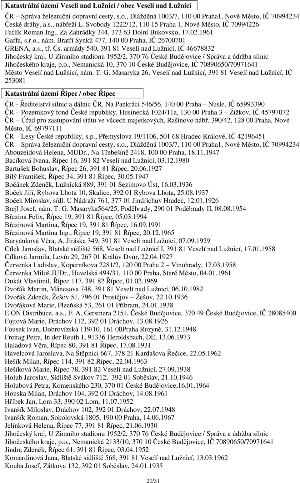 s., tř. Čs. armády 540, 391 81 Veselí nad Lužnicí, IČ 46678832 Jihočeský kraj, U Zimního stadionu 1952/2, 370 76 České Budějovice / Správa a údržba silnic Jihočeského kraje, p.o., Nemanická 10, 370 10 České Budějovice, IČ 70890650/70971641 Město Veselí nad Lužnicí, nám.