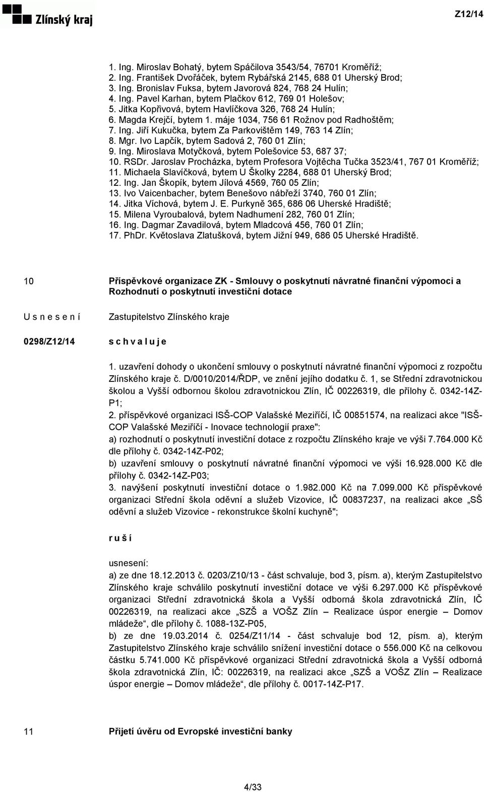 Jiří Kukučka, bytem Za Parkovištěm 149, 763 14 Zlín; 8. Mgr. Ivo Lapčík, bytem Sadová 2, 760 01 Zlín; 9. Ing. Miroslava Motyčková, bytem Polešovice 53, 687 37; 10. RSDr.