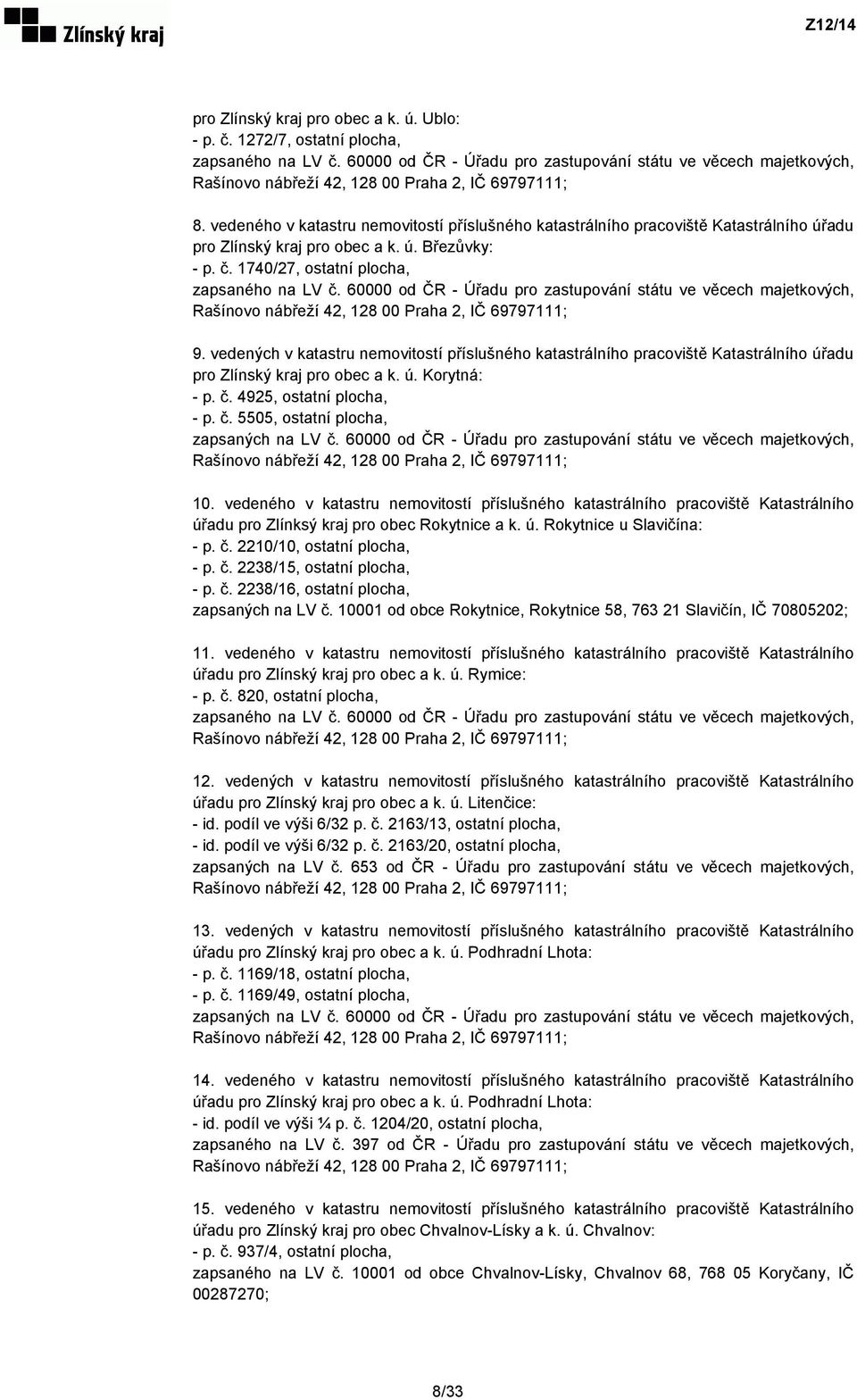 vedeného v katastru nemovitostí příslušného katastrálního pracoviště Katastrálního úřadu pro Zlínský kraj pro obec a k. ú. Březůvky: - p. č. 1740/27, ostatní plocha, zapsaného na LV č.