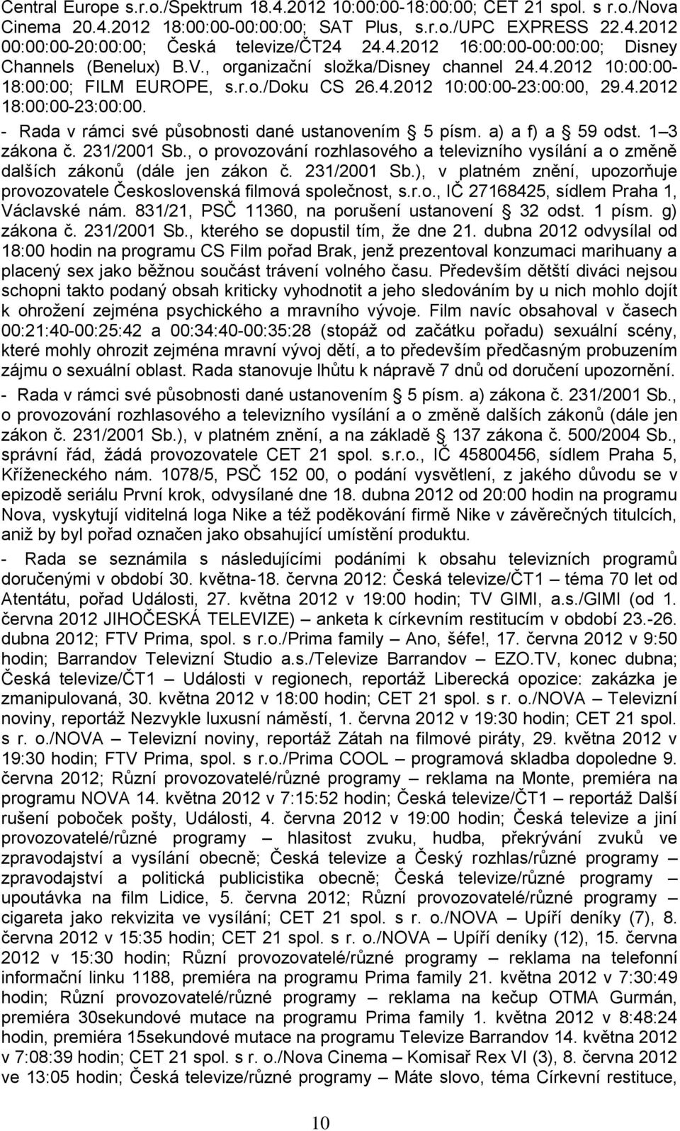 - Rada v rámci své působnosti dané ustanovením 5 písm. a) a f) a 59 odst. 1 3 zákona č. 231/2001 Sb., o provozování rozhlasového a televizního vysílání a o změně dalších zákonů (dále jen zákon č.