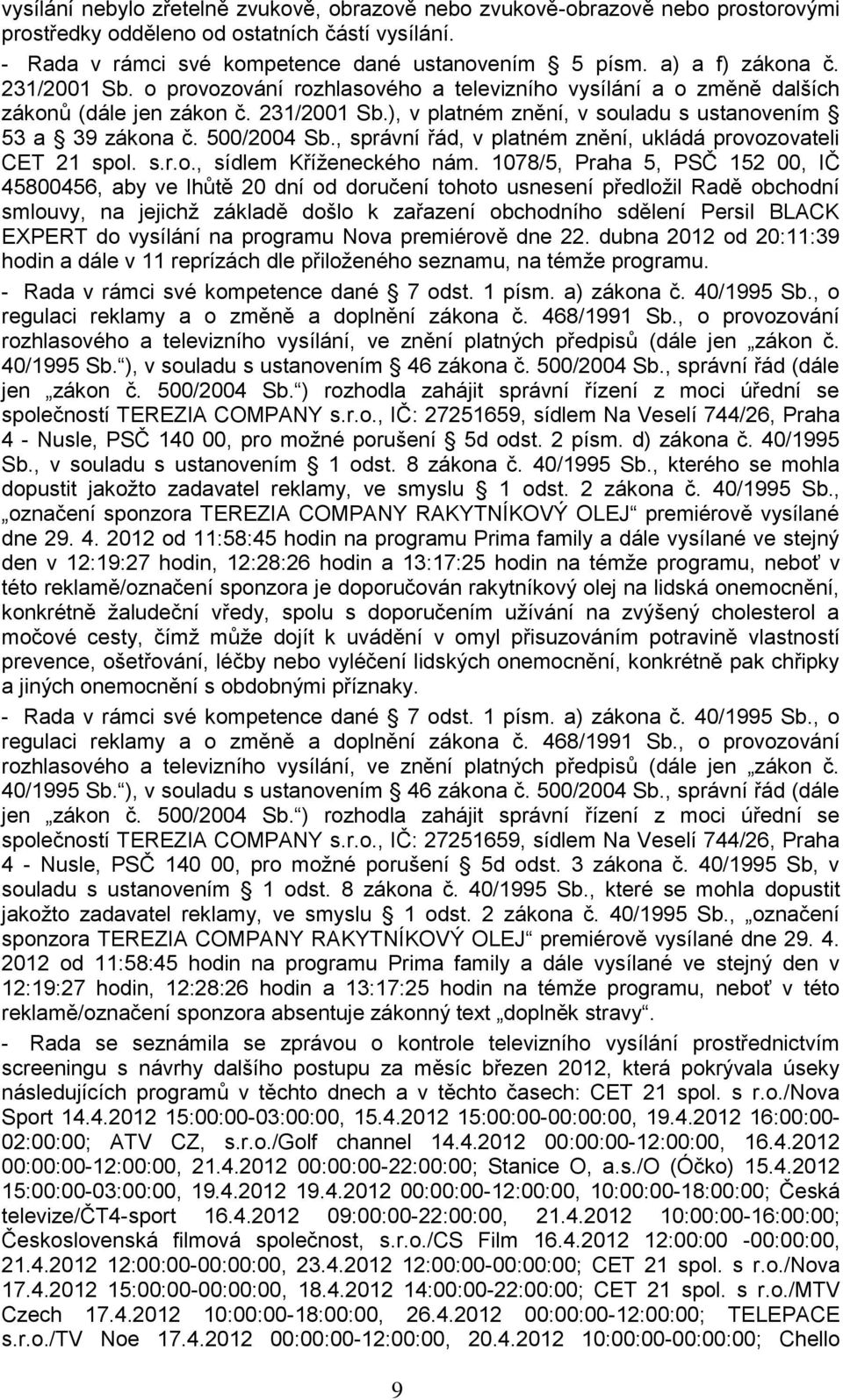 500/2004 Sb., správní řád, v platném znění, ukládá provozovateli CET 21 spol. s.r.o., sídlem Kříţeneckého nám.