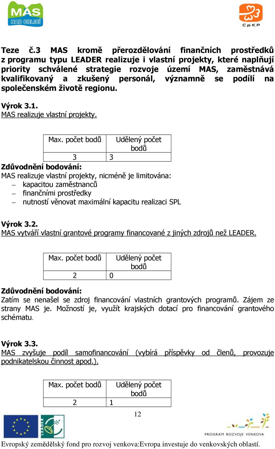 personál, významně se podílí na společenském životě regionu. Výrok 3.1. MAS realizuje vlastní projekty. Max.