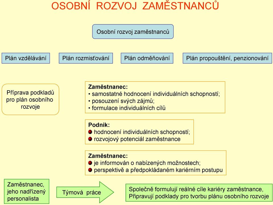 individuálních schopností; rozvojový potenciál zaměstnance Zaměstnanec: je informován o nabízených moţnostech; perspektivě a předpokládaném kariérním