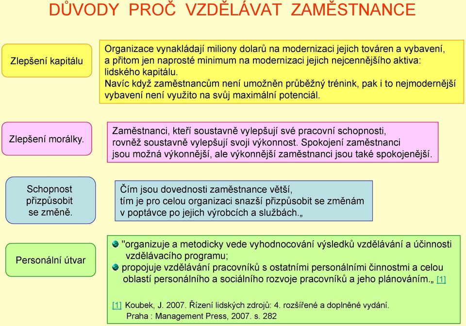 Zaměstnanci, kteří soustavně vylepšují své pracovní schopnosti, rovněţ soustavně vylepšují svoji výkonnost.