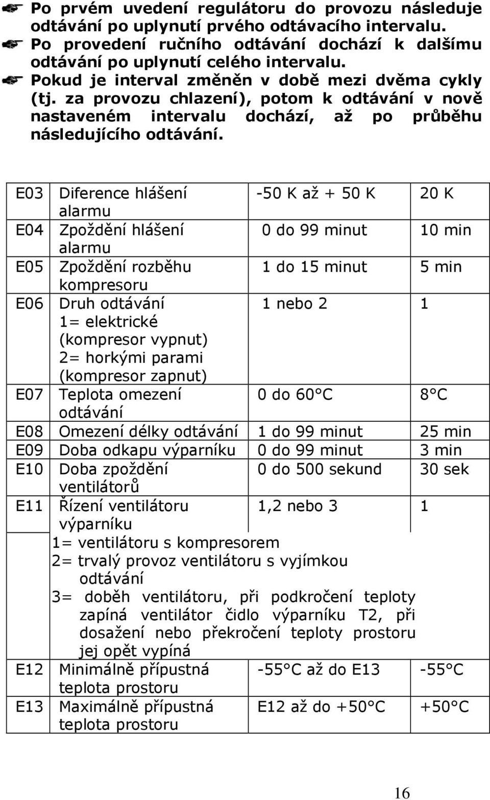 E03 Diference hlášení -50 K až + 50 K 20 K alarmu E04 Zpoždění hlášení 0 do 99 minut 10 min alarmu E05 Zpoždění rozběhu 1 do 15 minut 5 min kompresoru E06 Druh odtávání 1 nebo 2 1 1= elektrické