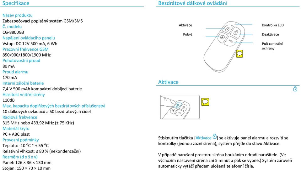 kompaktní dobíjecí baterie Hlasitost vnitřní sirény 110dB Max.