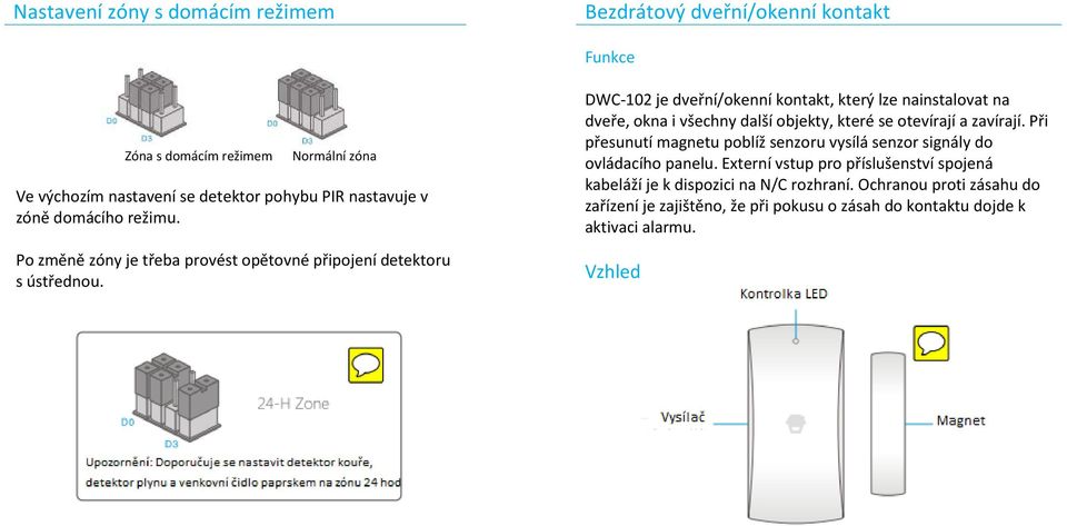 DWC-102 je dveřní/okenní kontakt, který lze nainstalovat na dveře, okna i všechny další objekty, které se otevírají a zavírají.