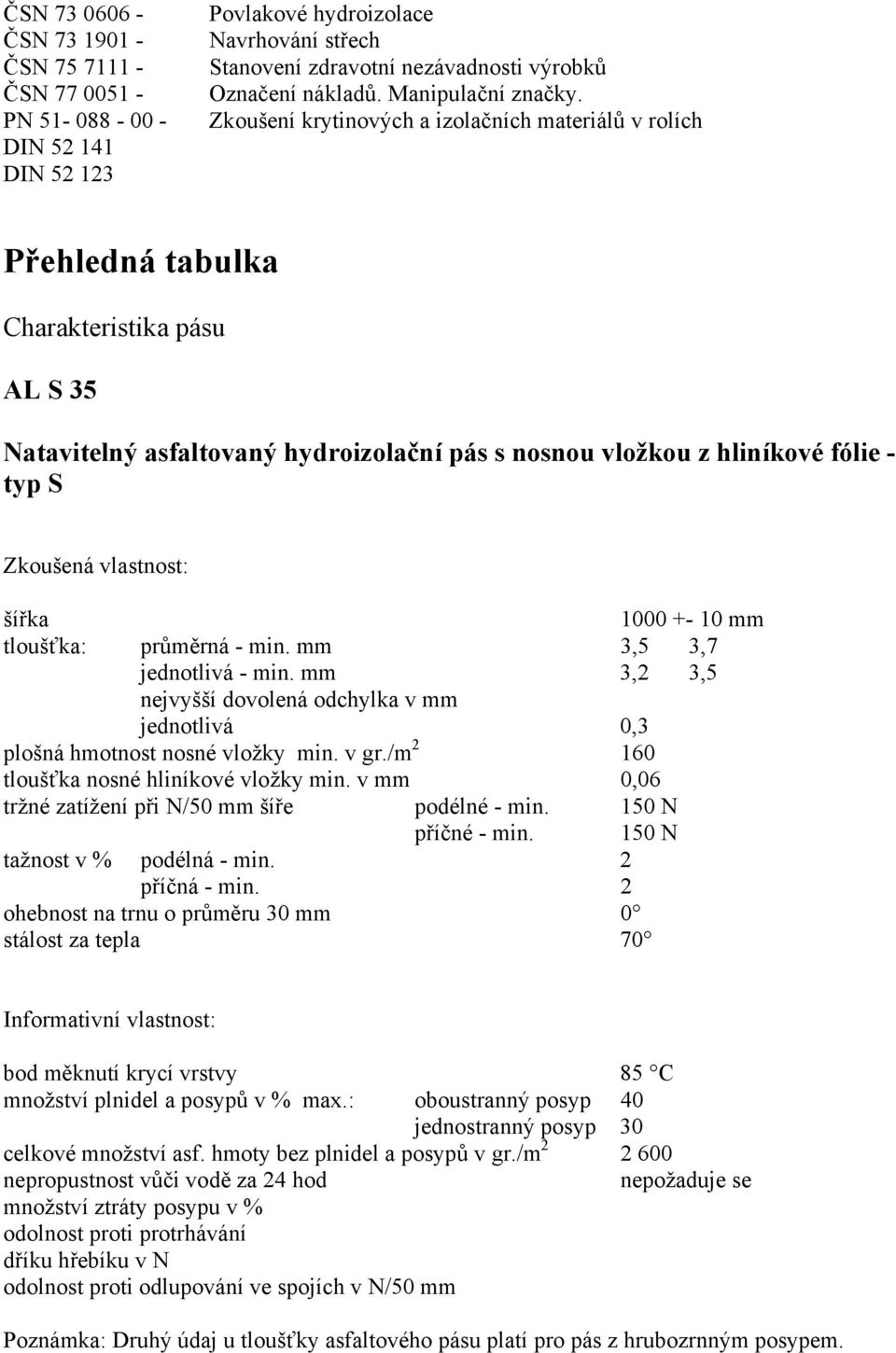 Zkoušení krytinových a izolačních materiálů v rolích Přehledná tabulka Charakteristika pásu AL S 35 Natavitelný asfaltovaný hydroizolační pás s nosnou vložkou z hliníkové fólie - typ S Zkoušená