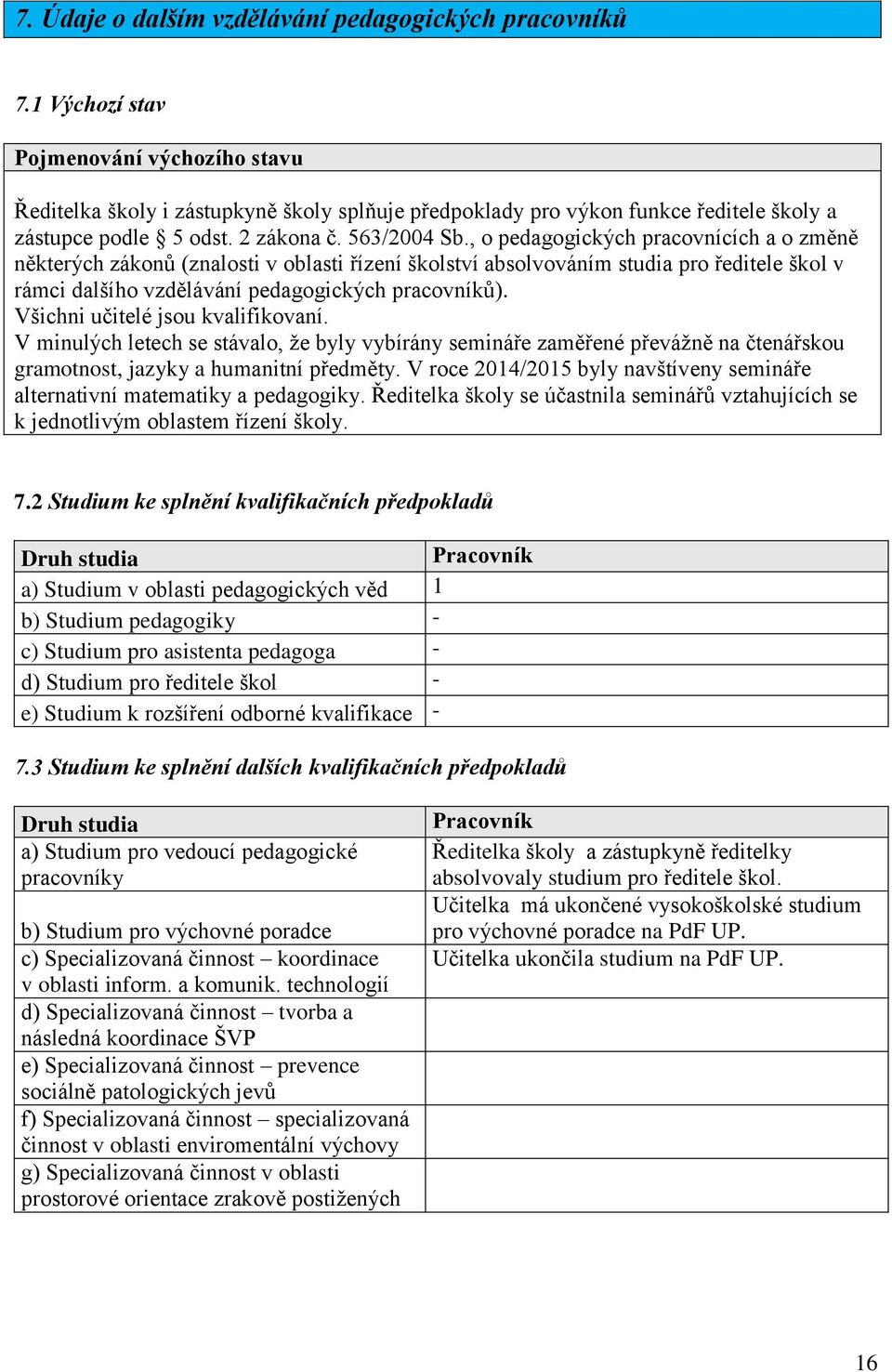 , o pedagogických pracovnících a o změně některých zákonů (znalosti v oblasti řízení školství absolvováním studia pro ředitele škol v rámci dalšího vzdělávání pedagogických pracovníků).