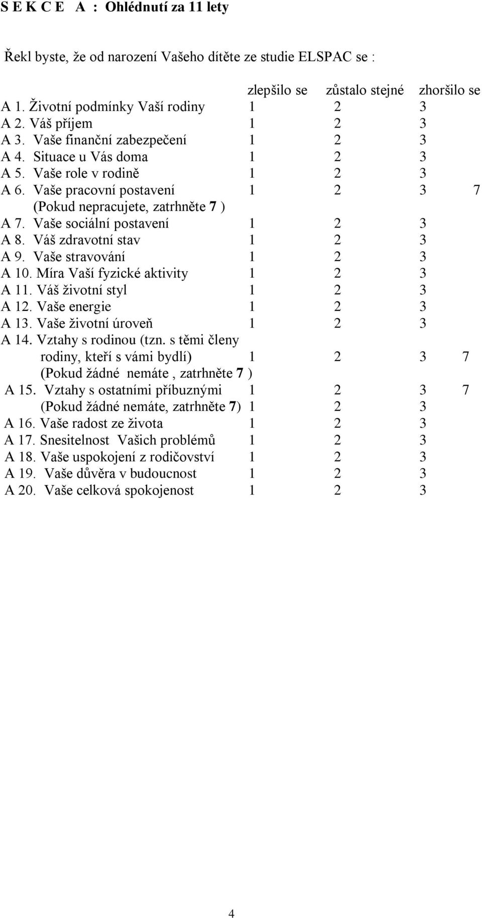 Vaše sociální postavení 1 2 3 A 8. Váš zdravotní stav 1 2 3 A 9. Vaše stravování 1 2 3 A 10. Míra Vaší fyzické aktivity 1 2 3 A 11. Váš životní styl 1 2 3 A 12. Vaše energie 1 2 3 A 13.