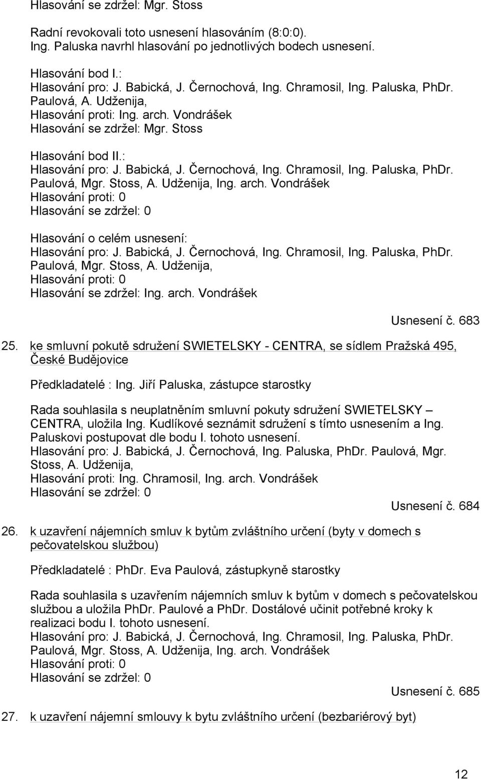 Černochová, Ing. Chramosil, Ing. Paluska, PhDr. Paulová, Mgr. Stoss, A. Udženija, Ing. arch. Vondrášek Hlasování proti: 0 Hlasování se zdržel: 0 Hlasování o celém usnesení: Hlasování pro: J.