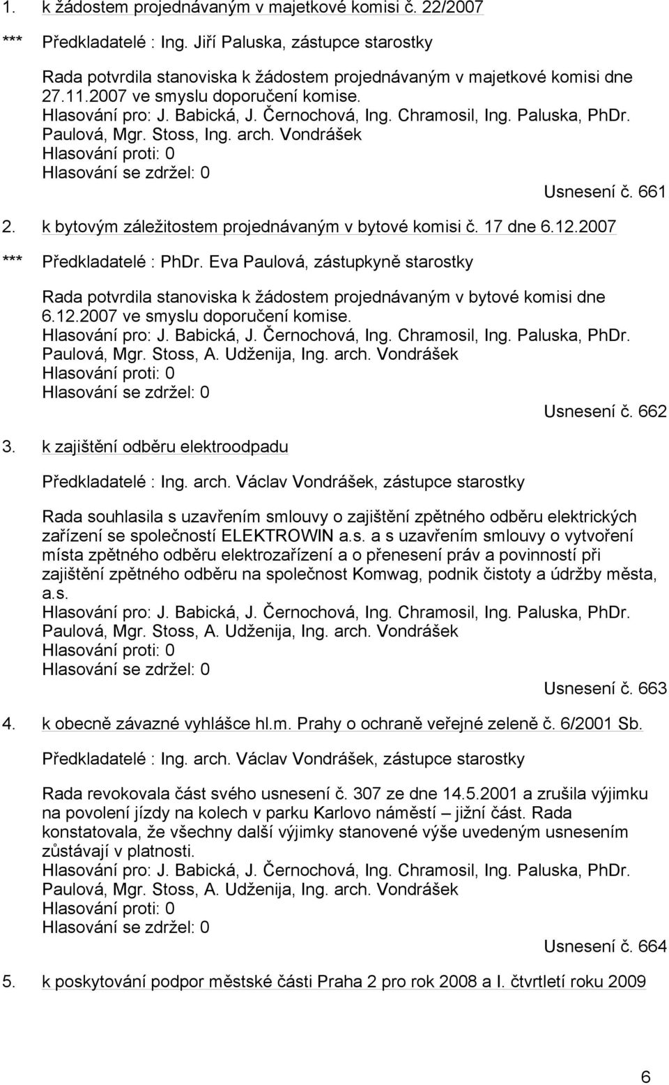 Vondrášek Hlasování proti: 0 Hlasování se zdržel: 0 Usnesení č. 661 2. k bytovým záležitostem projednávaným v bytové komisi č. 17 dne 6.12.2007 *** Předkladatelé : PhDr.