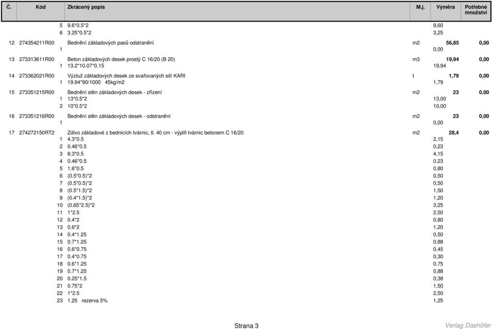 5*2 13,00 2 10*0.5*2 10,00 16 273351216R00 Bednění stěn základových desek - odstranění m2 23 0,00 17 274272150RT2 Zdivo základové z bednicích tvárnic, tl.