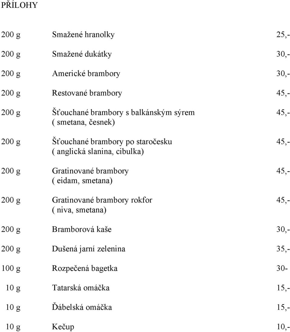 cibulka) 200 g Gratinované brambory 45,- ( eidam, smetana) 200 g Gratinované brambory rokfor 45,- ( niva, smetana) 200 g