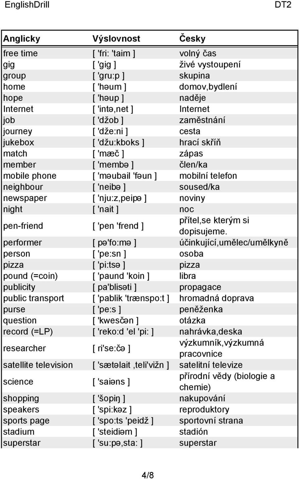 'nju:z,peipə ] noviny night [ 'nait ] noc pen-friend [ 'pen 'frend ] přítel,se kterým si dopisujeme.