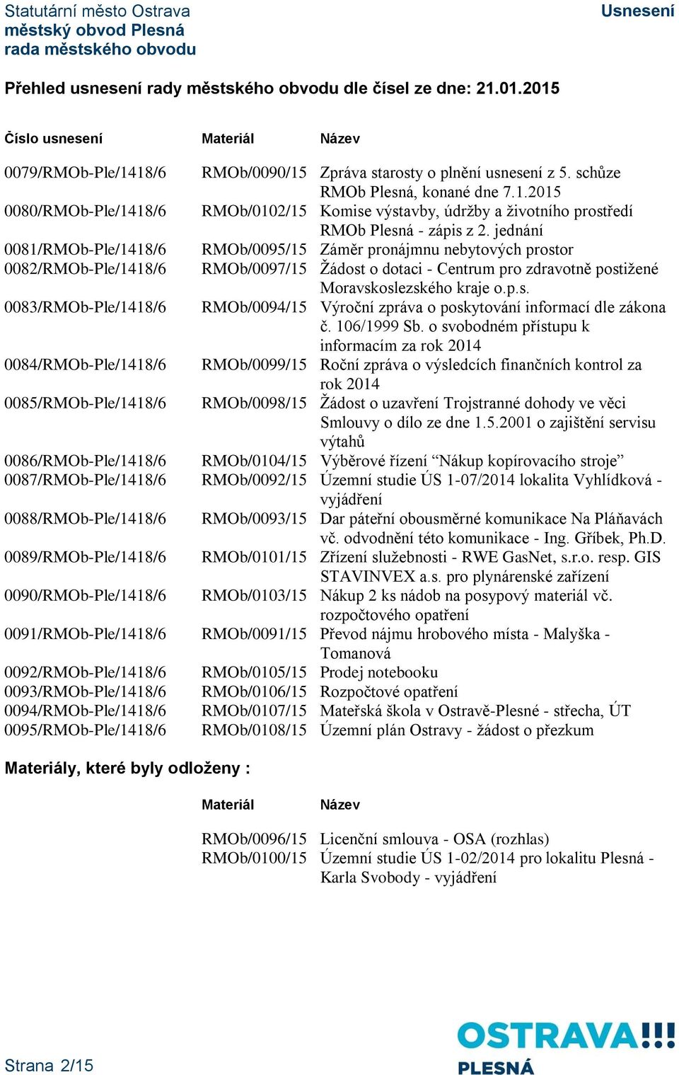 jednání 0081/RMOb-Ple/1418/6 RMOb/0095/15 Záměr pronájmnu nebytových prostor 0082/RMOb-Ple/1418/6 RMOb/0097/15 Žádost o dotaci - Centrum pro zdravotně postižené Moravskoslezského kraje o.p.s. 0083/RMOb-Ple/1418/6 RMOb/0094/15 Výroční zpráva o poskytování informací dle zákona č.