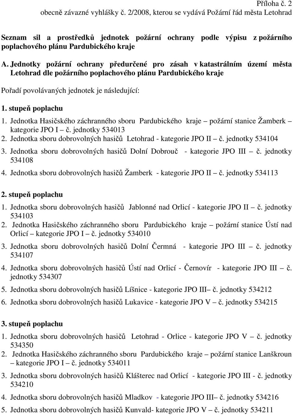 Jednotky požární ochrany předurčené pro zásah v katastrálním území města Letohrad dle požárního poplachového plánu Pardubického kraje Pořadí povolávaných jednotek je následující: 1. stupeň poplachu 1.