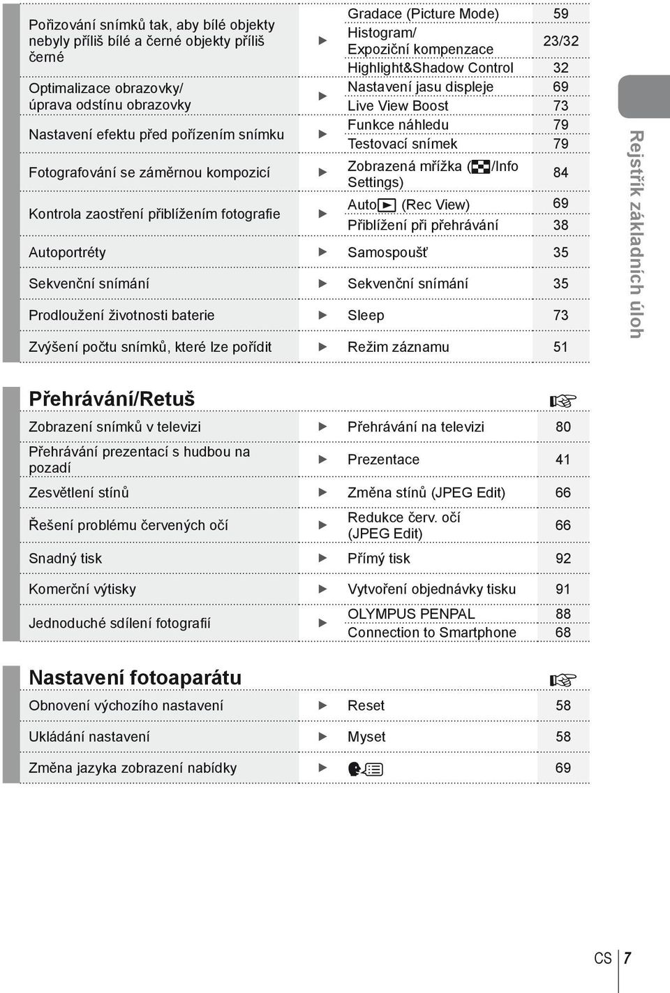 mřížka (G/Info Settings) Autoq (Rec View) 69 Kontrola zaostření přiblížením fotografi e Přiblížení při přehrávání 8 Autoportréty Samospoušť 5 Sekvenční snímání Sekvenční snímání 5 Prodloužení