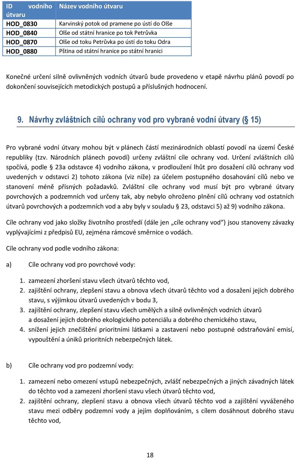 hodnocení. 9. Návrhy zvláštních cílů ochrany vod pro vybrané vodní útvary ( 15) Pro vybrané vodní útvary mohou být v plánech částí mezinárodních oblastí povodí na území České republiky (tzv.