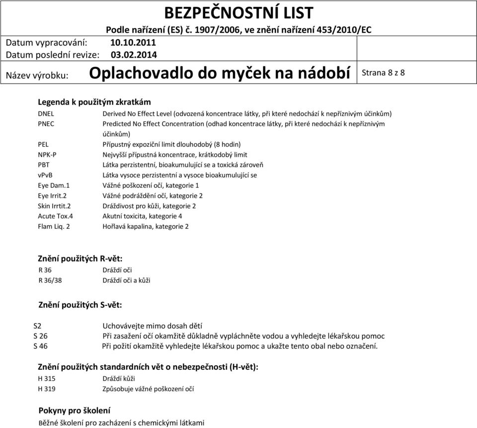 krátkodobý limit PBT Látka perzistentní, bioakumulující se a toxická zároveň vpvb Látka vysoce perzistentní a vysoce bioakumulující se Eye Dam.1 Vážné poškození očí, kategorie 1 Eye Irrit.