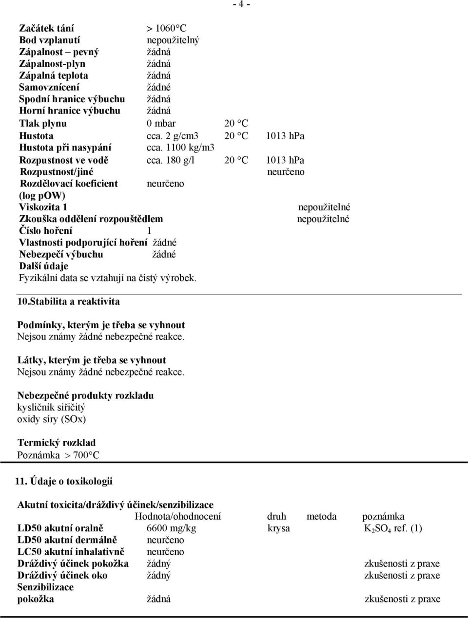 180 g/l 20 C 1013 hpa Rozpustnost/jiné neurčeno Rozdělovací koeficient neurčeno (log pow) Viskozita 1 Zkouška oddělení rozpouštědlem Číslo hoření 1 Vlastnosti podporující hoření Nebezpečí výbuchu