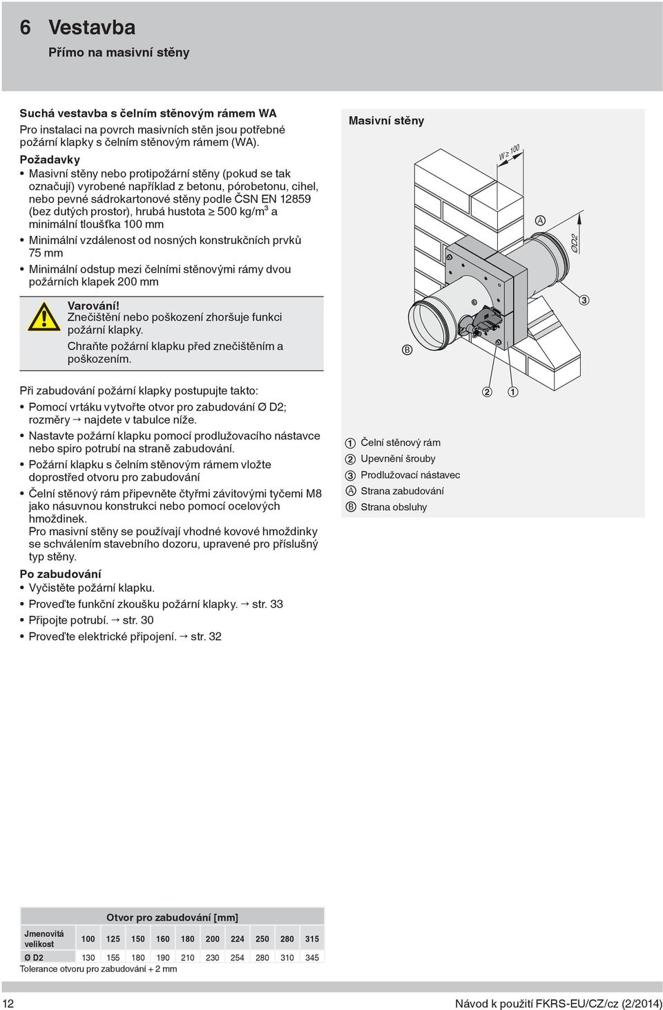 hustota 500 kg/m³ a minimální tloušťka 100 mm Minimální vzdálenost od nosných konstrukčních prvků 75 mm Minimální odstup mezi čelními stěnovými rámy dvou požárních klapek 200 mm Masivní stěny W 100