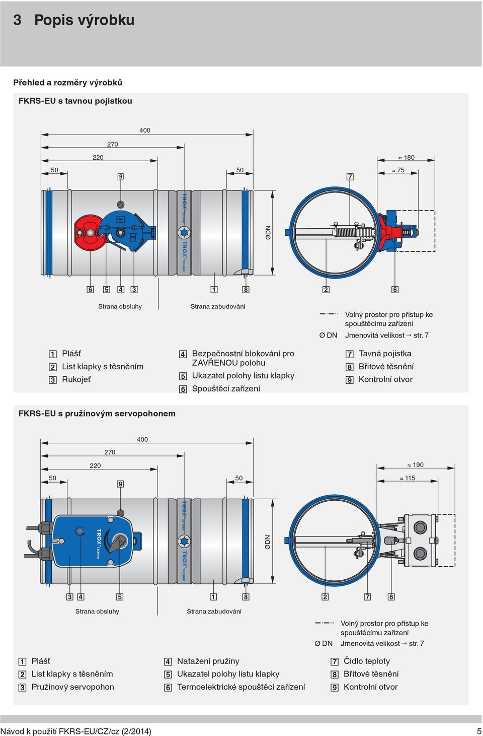 7 Tavná pojistka Břitové těsnění Kontrolní otvor FKRS-EU s pružinovým servopohonem 220 270 400 190 50 50 115 ØDN Strana obsluhy Plášť List klapky s těsněním Pružinový servopohon Strana zabudování