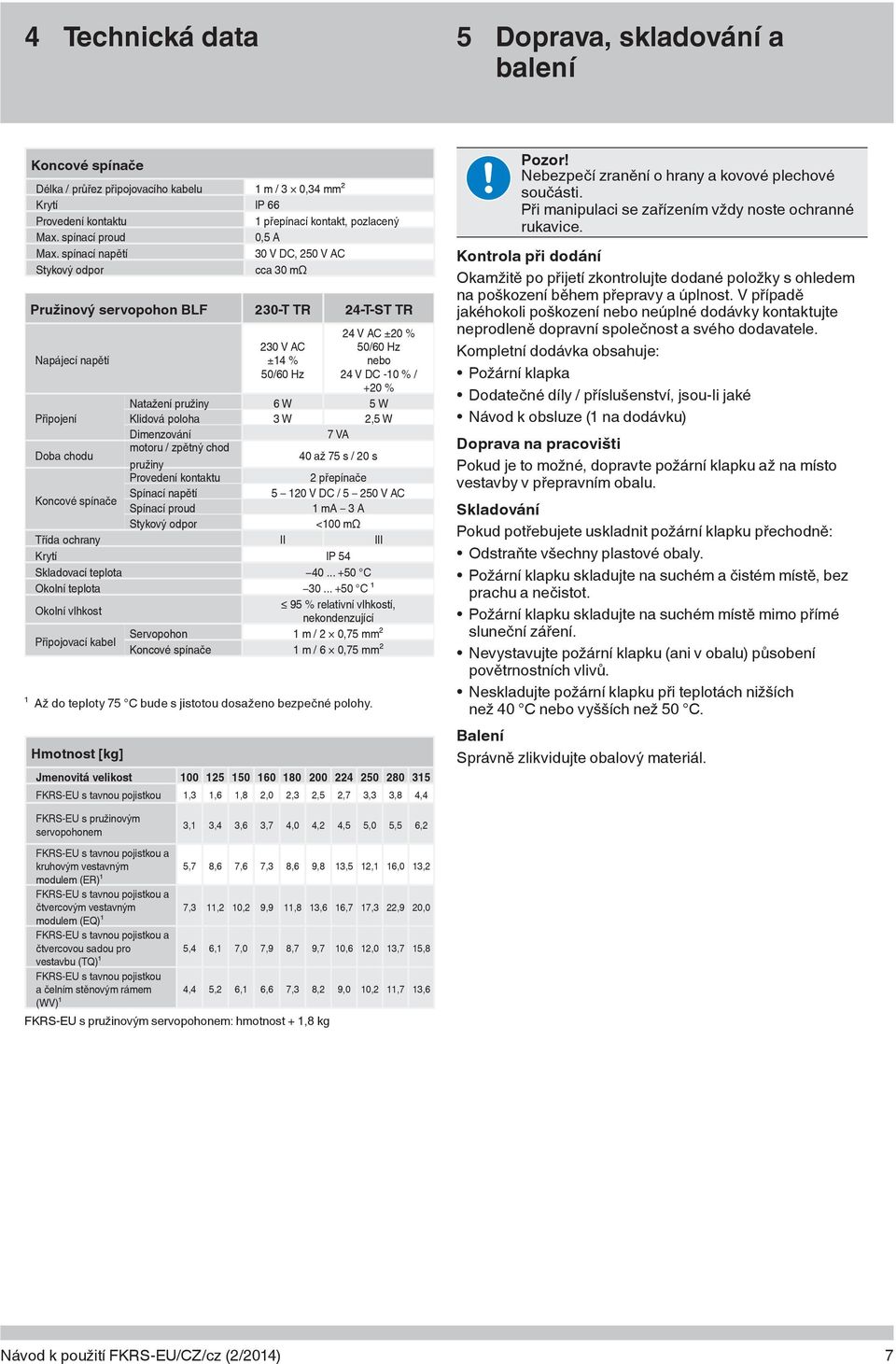 spínací napětí 30 V DC, 250 V AC Stykový odpor cca 30 mω Pružinový servopohon BLF 230-T TR 24-T-ST TR Napájecí napětí ¹ Až do teploty 75 C bude s jistotou dosaženo bezpečné polohy.