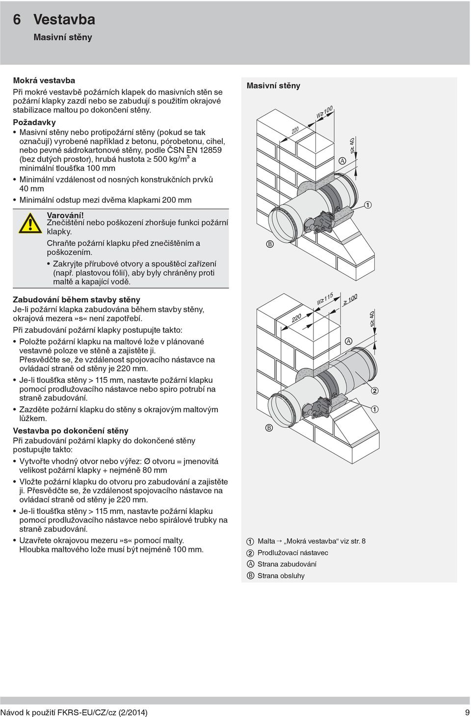 hustota 500 kg/m³ a minimální tloušťka 100 mm Minimální vzdálenost od nosných konstrukčních prvků 40 mm Minimální odstup mezi dvěma klapkami 200 mm Varování!