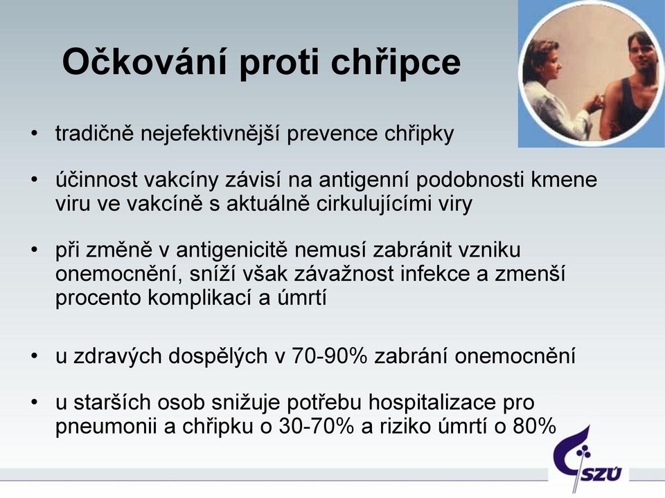 vzniku onemocnění, sníží však závažnost infekce a zmenší procento komplikací a úmrtí u zdravých dospělých v