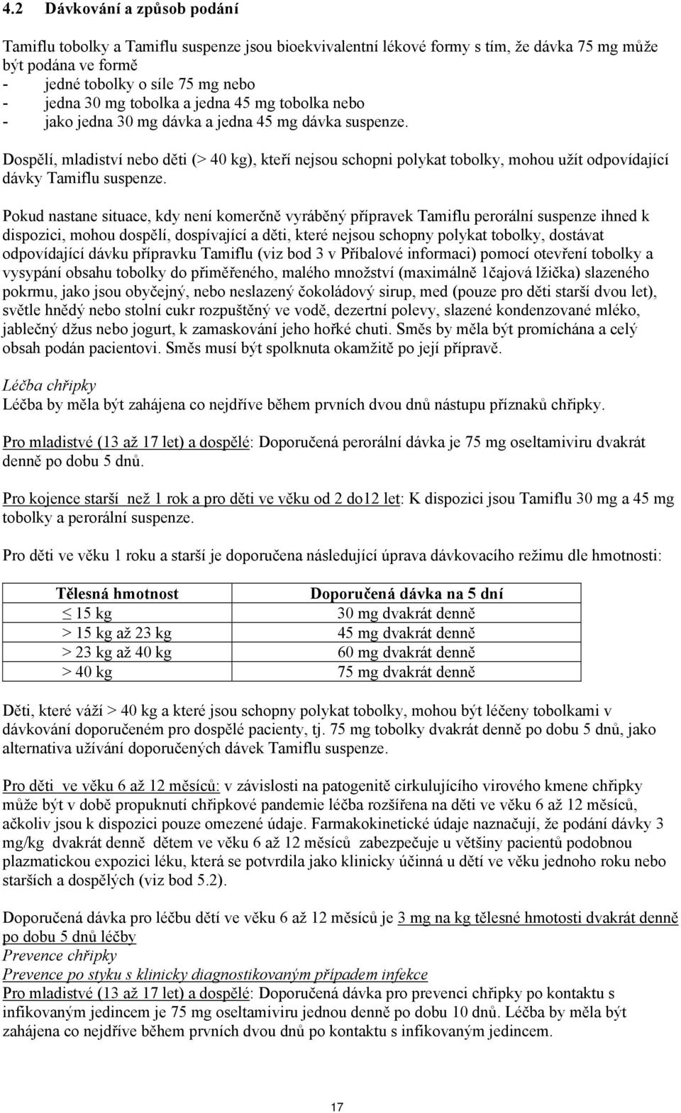 Dospělí, mladiství nebo děti (> 40 kg), kteří nejsou schopni polykat tobolky, mohou užít odpovídající dávky Tamiflu suspenze.