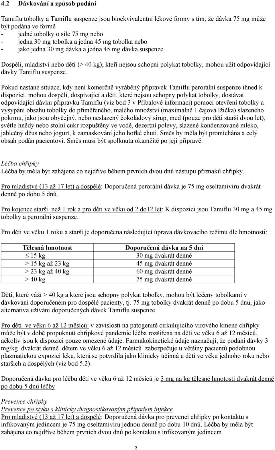 Dospělí, mladiství nebo děti (> 40 kg), kteří nejsou schopni polykat tobolky, mohou užít odpovídající dávky Tamiflu suspenze.