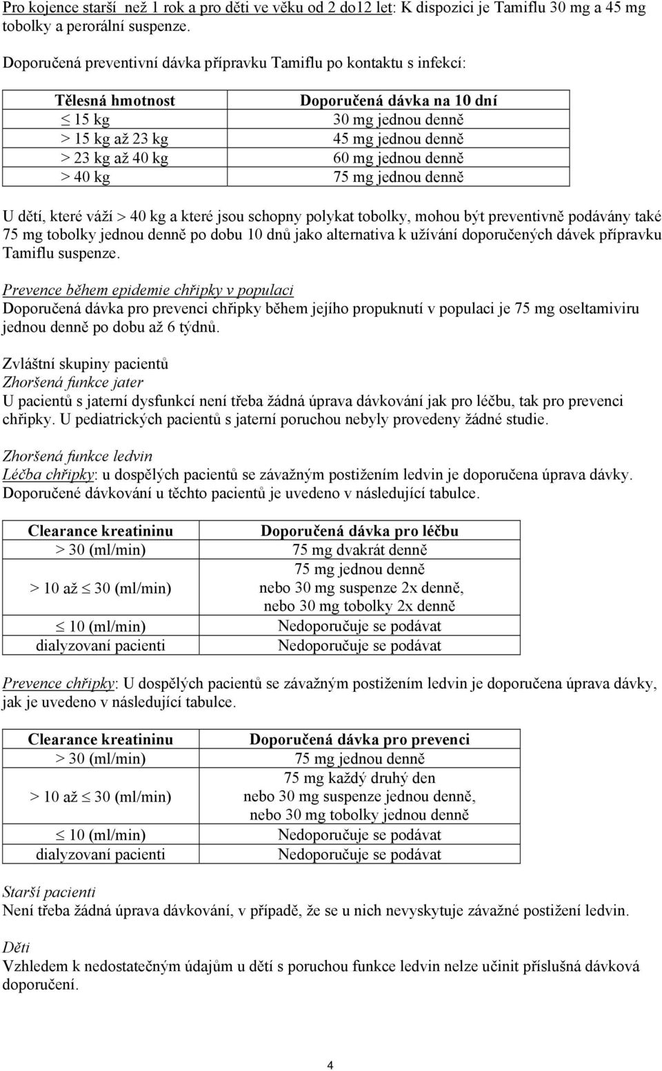 jednou denně > 40 kg 75 mg jednou denně U dětí, které váží > 40 kg a které jsou schopny polykat tobolky, mohou být preventivně podávány také 75 mg tobolky jednou denně po dobu 10 dnů jako alternativa