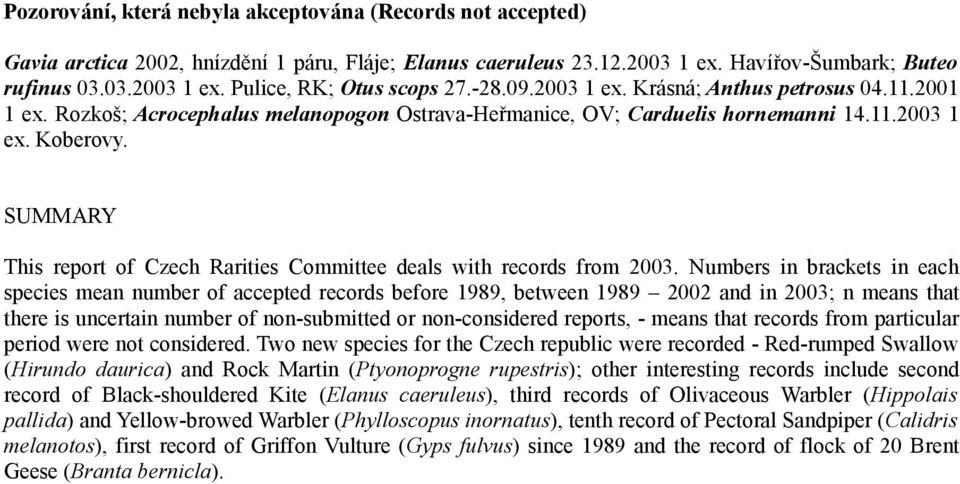 SUMMARY This report of Czech Rarities Committee deals with records from 2003.