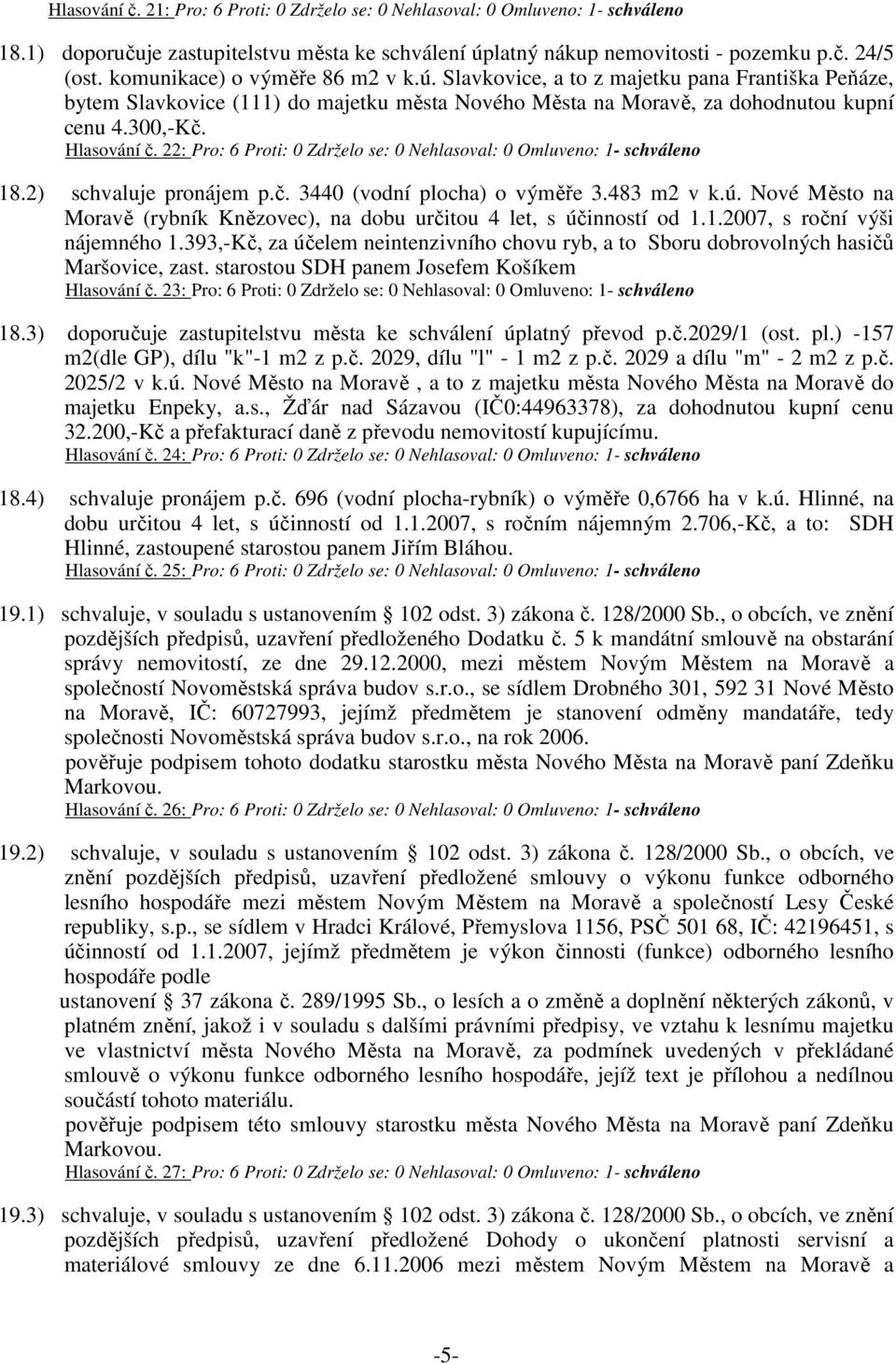 22: Pro: 6 Proti: 0 Zdrželo se: 0 Nehlasoval: 0 Omluveno: 1- schváleno 18.2) schvaluje pronájem p.č. 3440 (vodní plocha) o výměře 3.483 m2 v k.ú.
