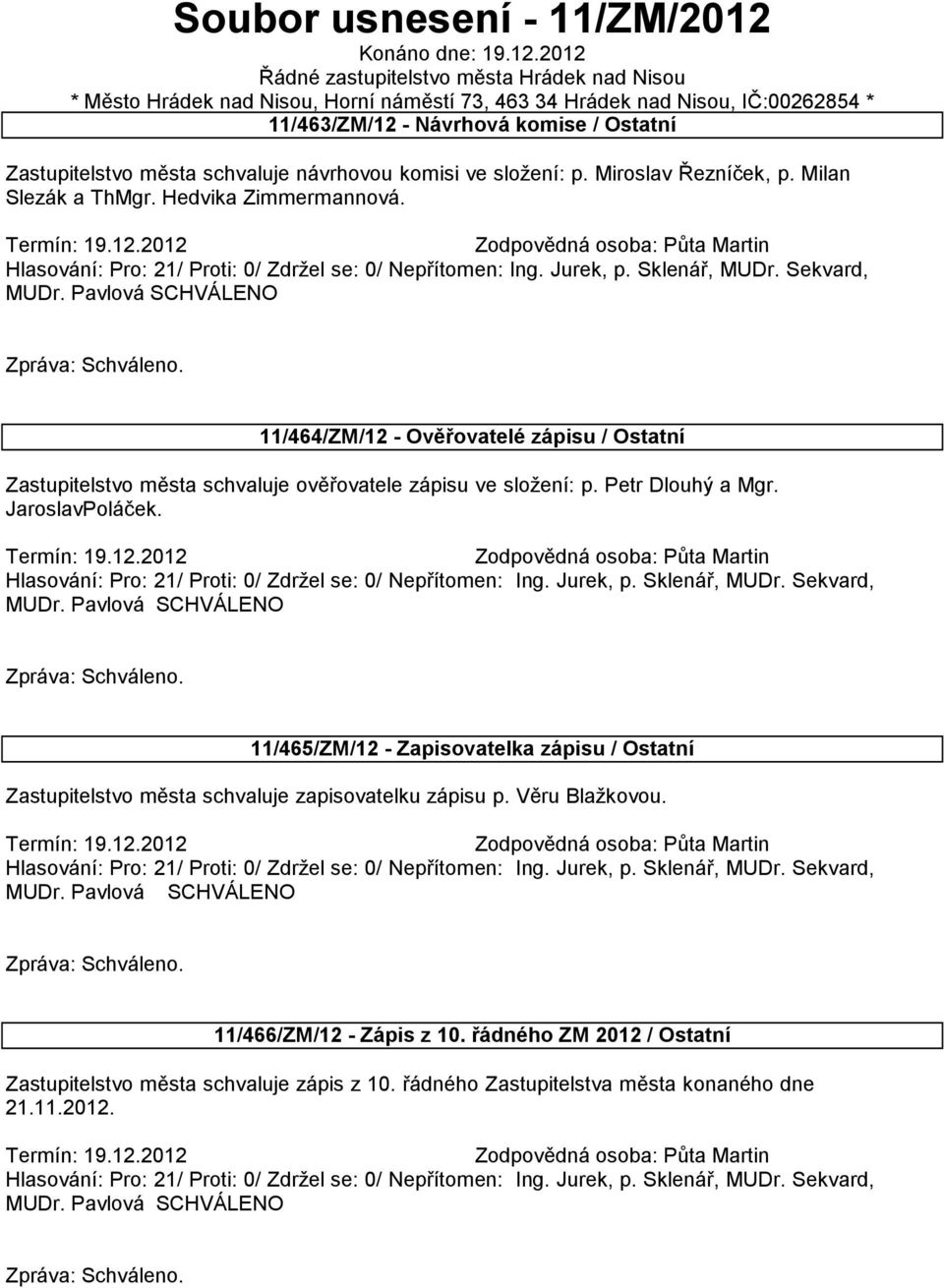 2012 Řádné zastupitelstvo města Hrádek nad Nisou * Město Hrádek nad Nisou, Horní náměstí 73, 463 34 Hrádek nad Nisou, IČ:00262854 * 11/463/ZM/12 - Návrhová komise / Ostatní Zastupitelstvo města