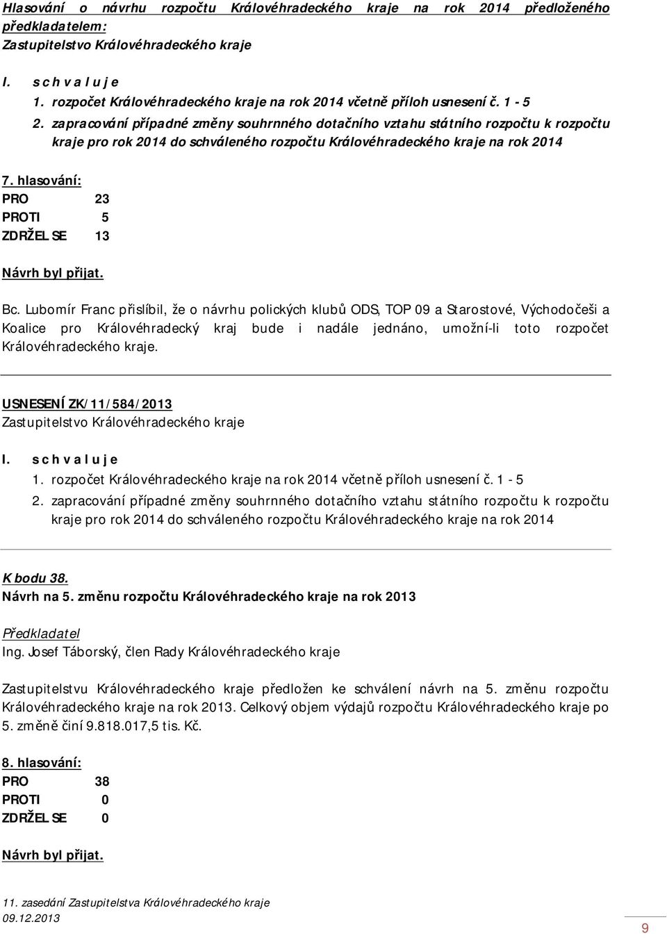 hlasování: PRO 23 PROTI 5 ZDRŽEL SE 13 Bc.