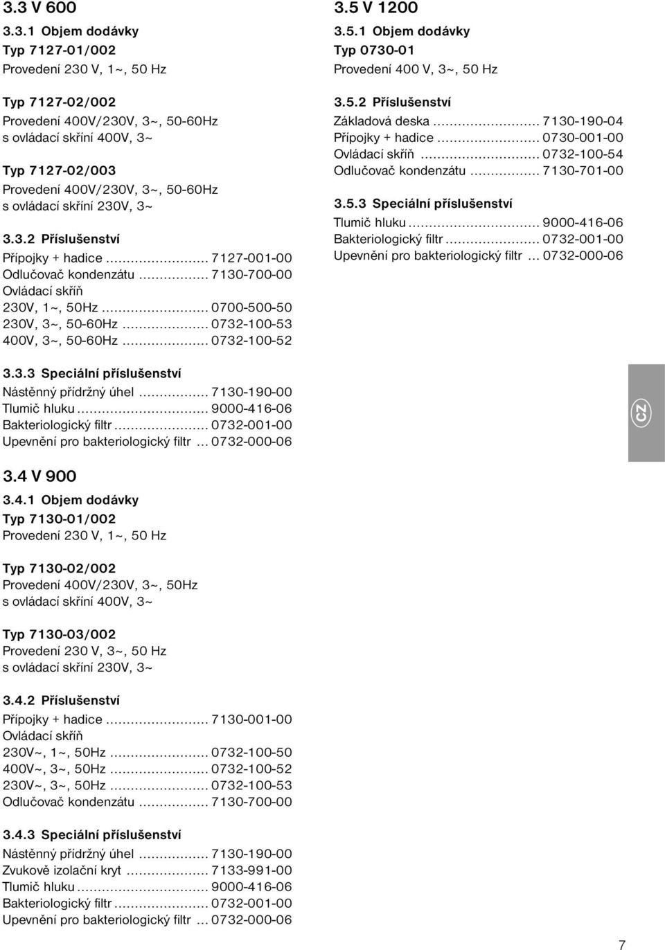 .. 0732-100-53 400V, 3~, 50-60Hz... 0732-100-52 3.5 V 1200 3.5.1 Objem dodávky Typ 0730-01 Provedení 400 V, 3~, 50 Hz 3.5.2 Příslušenství Základová deska... 7130-190-04 Přípojky + hadice.